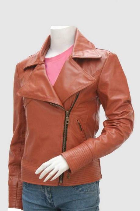 Women Styles Leather Biker Jacket Brown Color Lapel Collar Zipper Closure