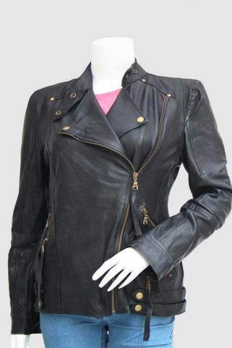 Women Styles Leather Biker Jacket Black Color Ban &amp;amp;amp; Lapel Collar Golden Zipper Closure