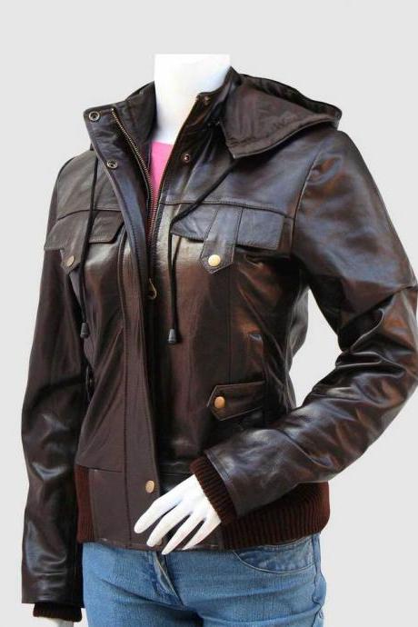 Women Leather Jacket With Hoodie Brown Color Ban Collar Zipper Closure