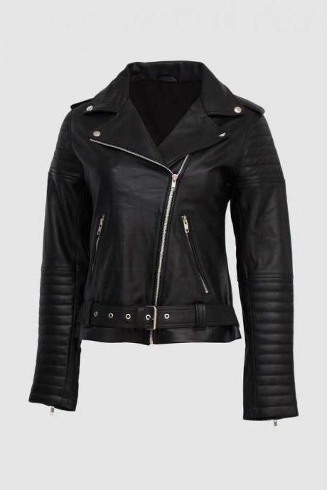 Women Leather Biker Jacket Black Color Lapel Collar Zipper Closure