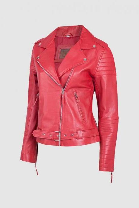 Women Leather Biker Jacket Red Color Lapel Collar Zipper Closure
