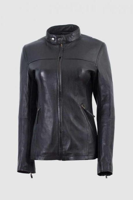 Women Leather Biker Jacket Black Color Band Collar Zipper Closure