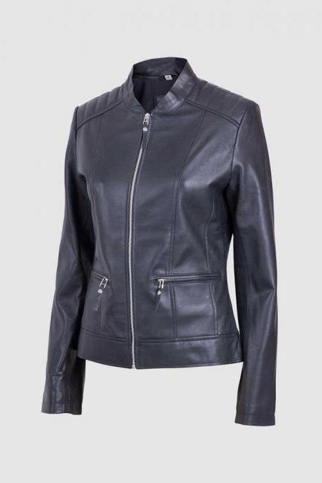 Women Leather Biker Jacket Black Color Band Collar Zipper Closure