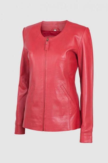 Style Women Leather Jacket Red Color Neck Collar Zipper Closure