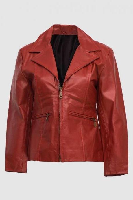 New Style Women Leather Jacket Red Color Coat Collar Zipper Closure
