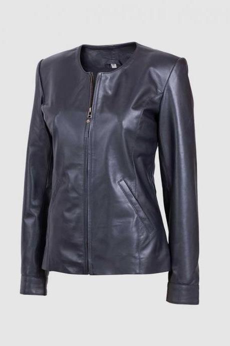 Style Women Leather Jacket Black Color Neck Collar Zipper Closure