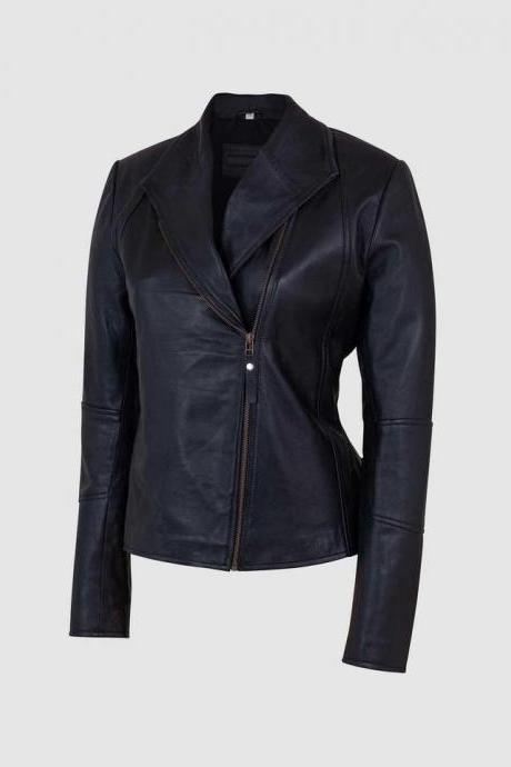 Women Leather Jacket Black Color Coat Collar Full Zipper Closure