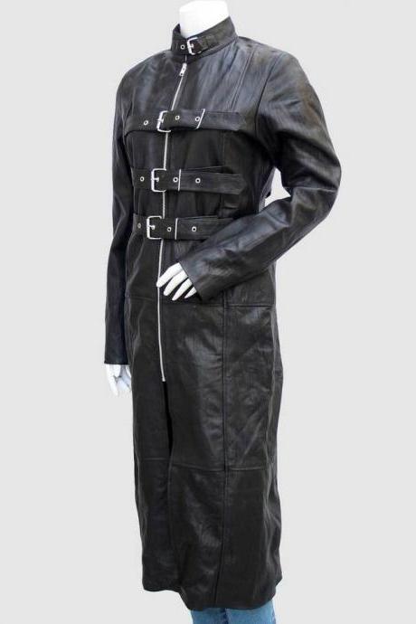 Style Women Leather Long Coat Black Color Band Collar Belt &amp;amp; Zipper Closure