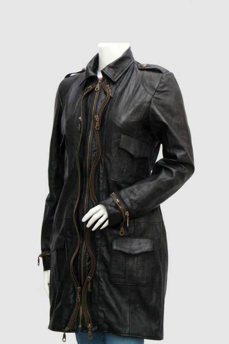 New Zipper Style Women Leather Long Coat Black Color Shirt Collar Zipper Closure