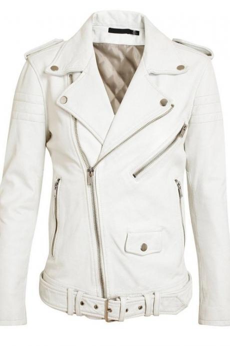 Women Fashion White Leather Jacket , Lambskin Biker Jacket For Women