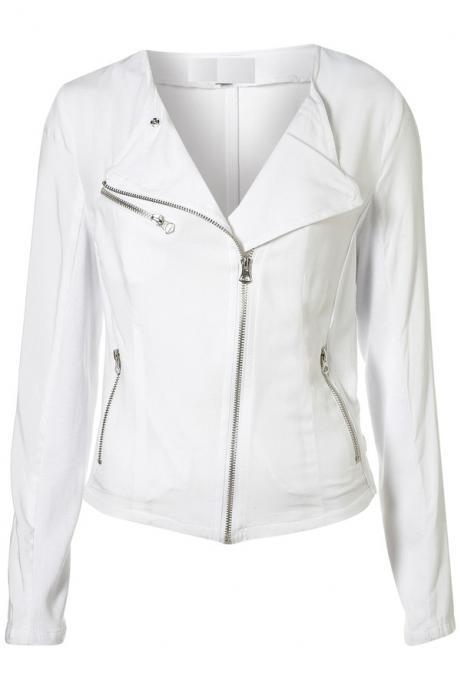 Women White Color Leather Biker Jacket, Zipper Closure Collar less lapel Style