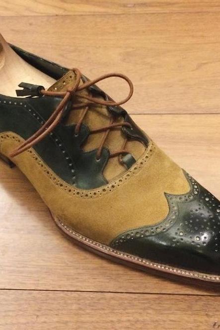 Black Leaher Contrast Oxford Customize Wingtip Handmade Men Leather Shoes