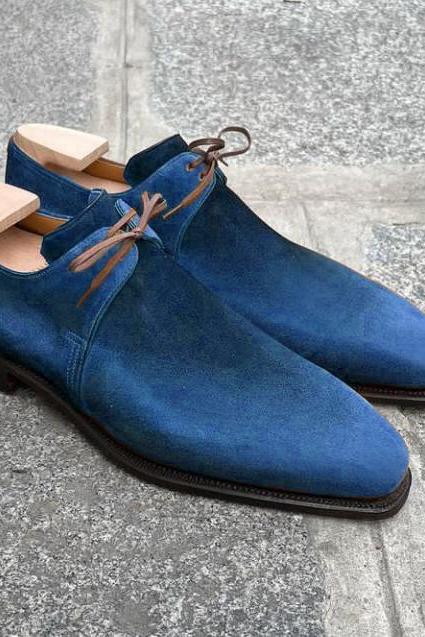 Blue Tone Suede Leather Formal Handmade Men's Lace Up Shoes