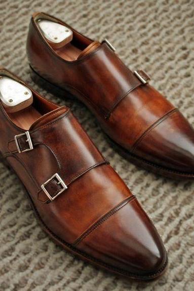 Handmade Double Monk Cap Toe Formal Brown Color Shoes For Men's