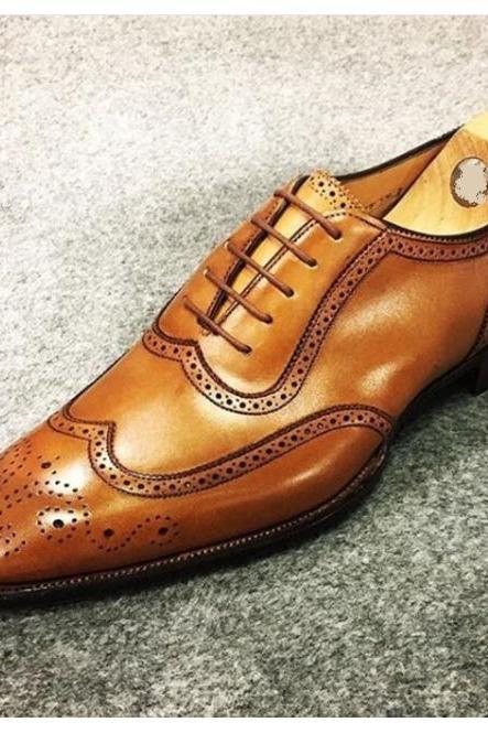 Handmade Tan Brown Wingtip Oxford Shoes, Men's Genuine Leather Lace Up Shoes