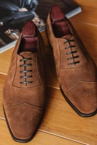 Handmade Brown Suede leather Cap Toe Wing Shoes For Men's 