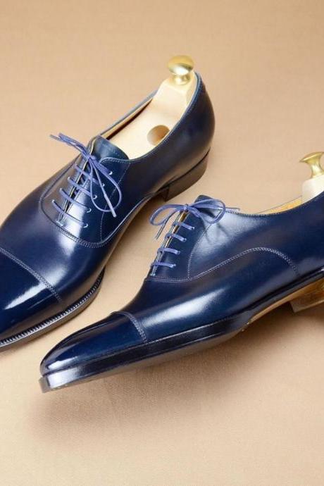 Handmade Leather Oxford Navy Blue Color Cap Toe Formal Dress Shoes For Men&amp;#039;s
