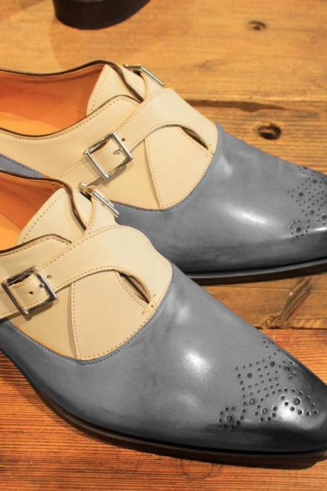 Handmade Men Grey &amp;amp; Beige Color Leather Monk Brogue Shoes