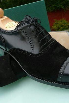 Handmade Men&amp;#039;s Black Suede Leather Best Choice Cap Toe Lace Up Oxford Shoes