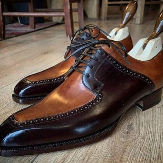 Handmade Men's Outclass Tuxedo Oxfords Split Lace Up Brown Two-tone Formal Shoes