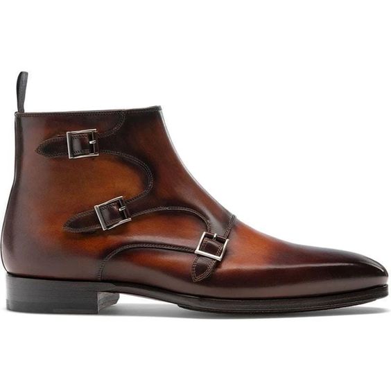 Handmade Monk Boot Brown Color Plain Toe Leather Triple Straps Boot For ...